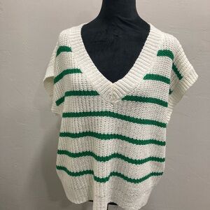 Entro V-Neck Sweater in Green and White Stripes
